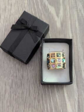 Gold-Tone Abalone Grid Statement Ring - Women Jewelry